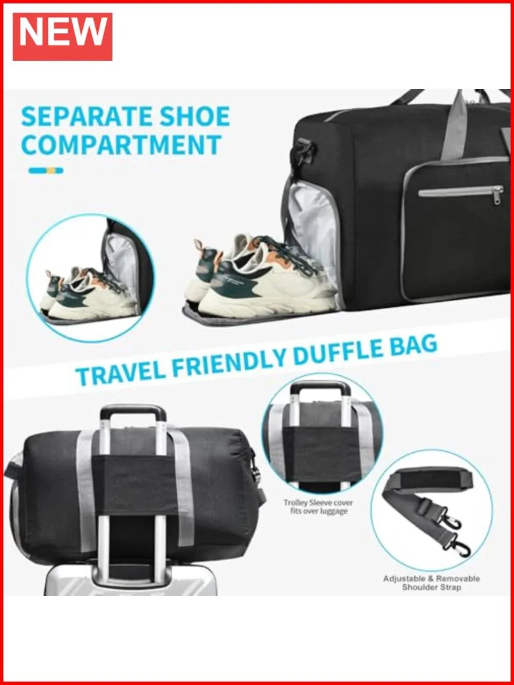 Duffle Bag with Shoes Compartment, Foldable Travel Duffel for Men Women,